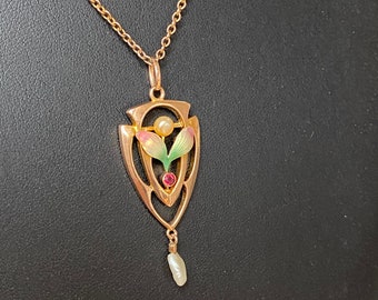 Antique gold ruby pendant with enamel Art Nouveau