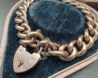 Antique 9ct gold curb bracelet chunky with padlock