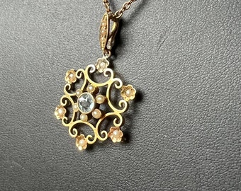 Antique 15ct Aquamarine Pendant, gold, pearls, circa 1905