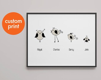 Personalised family birds print // family gift for Christmas // custom colours // family names // framed gift for mum, dad, parents, mom