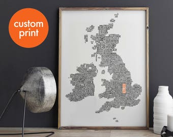 Personalised UK Map Print, Custom Colors, New Home Gift