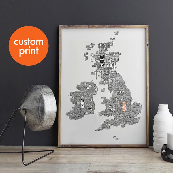 Personalised UK map print // united kingdom // custom colours // new house gift // great britain // england, ireland, scotland, wales maps