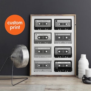 Personalised cassette playlist print // mix tapes // retro cassette print // music lover // custom songs // monochrome black and white art