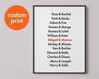 Personalised famous couples print // couple names gift // poster print // monochrome // wedding print // framed anniversary gift