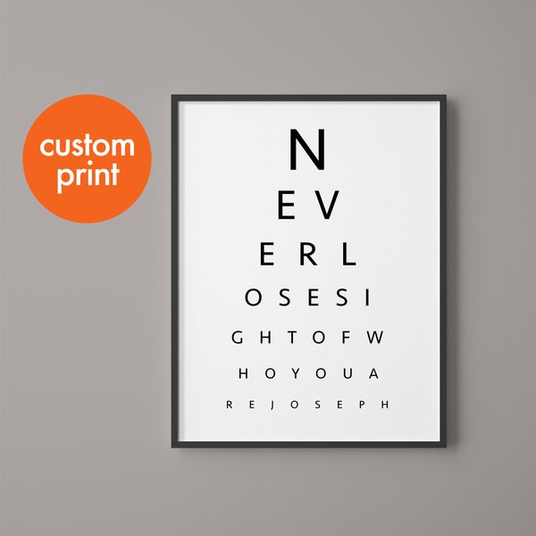 Personalized eye test chart monochrome print // never lose sight of who you are // Scandinavian inspired home decor print // framed gift