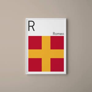 Letra R // Banderas de Señal Marítima Internacional // Letra de bandera de la Armada // R para Romeo // Arte náutico // Arte tipográfico // Alfabeto fonético