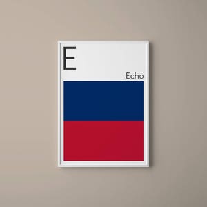 Letra E // Banderas de Señal Marítima Internacional // Letra de bandera de la Armada // E para Eco // Arte Náutico // Arte tipográfico // Arte del alfabeto fonético