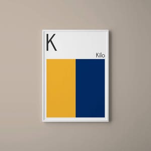 Letra K // Banderas de Señal Marítima Internacional // Letra de bandera de la Armada // K para Kilo // Arte náutico // Arte tipográfico // Arte del alfabeto fonético