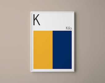 Letter K Nautical Flag Art Print, Navy Kilo Typography