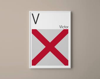 Letter V Nautical Art Print: Navy Signal Flag, Typography Poster