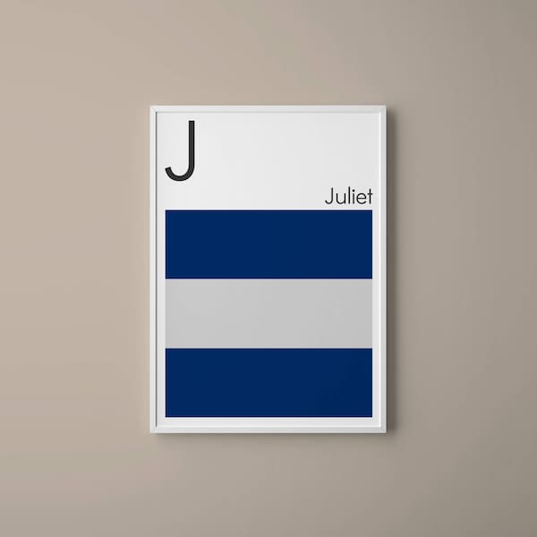 Letter J // International Maritime Signal Flags // Navy Flag Letter // J for Juliet // Nautical Art // Typography Art // Phonetic Alphabet