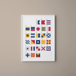 Drapeaux de signalisation maritime internationale et carte alphabétique phonétique // Art moderne coloré // Art nautique // Art typographique // Cadeaux pour lui