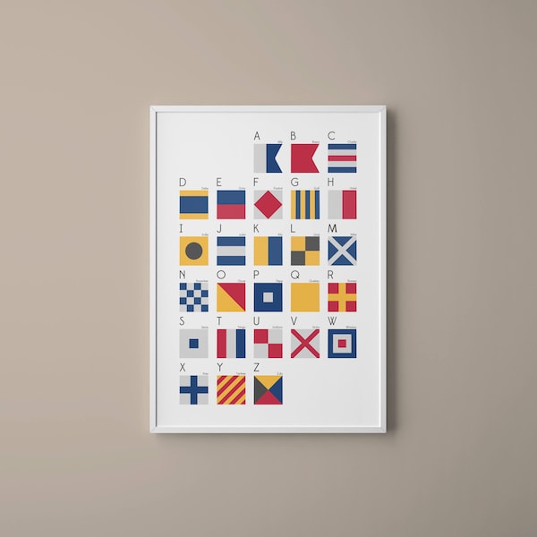 Banderas de señales marítimas internacionales y carta del alfabeto fonético // Arte moderno colorido // Arte náutico // Arte tipográfico // Regalos para él