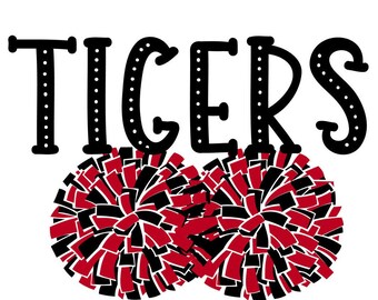 Pode incluir: Pompons de torcida negra e vermelha com a palavra "TIGERS" em texto preto com bolinhas brancas.