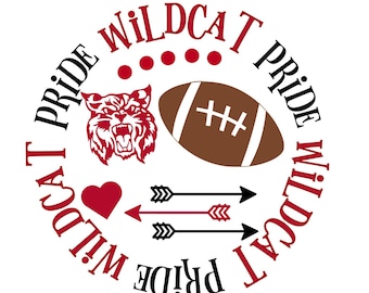May include: A black and red circle graphic with the text "Pride Wildcat Pride Wildcat" repeated around the circle. Inside the circle is a red heart, a brown football, a red wildcat mascot, and three black arrows.