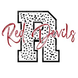 May include: A black and white leopard print letter R with a black outline. The letter is in a varsity style font. The text "Red Devils" is written in red cursive script.