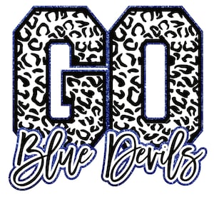 May include: Go Blue Devils! A black and white leopard print design with blue glitter accents. The letters "GO" are in a large, bold font.