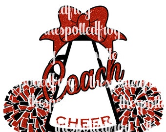 May include: Red and black cheerleading pom poms with a red glitter bow on top of a black cheerleading megaphone with the word "Coach" written in black glitter. The megaphone has the word "Cheer" written on the bottom.