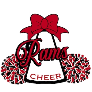 May include: Black and red cheerleading pom poms with a black and white cheerleading megaphone with a red bow on top. The megaphone has the word "Rams" in red cursive writing and the word "Cheer" in black below it.