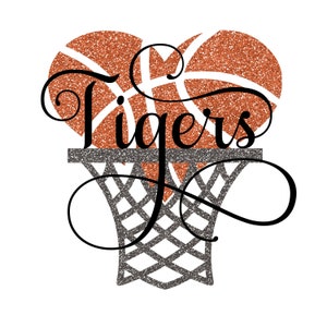 May include: A heart-shaped design featuring two basketballs with a glitter finish. The word "Tigers" is written in a cursive font across the basketballs. A basketball hoop is below the basketballs.