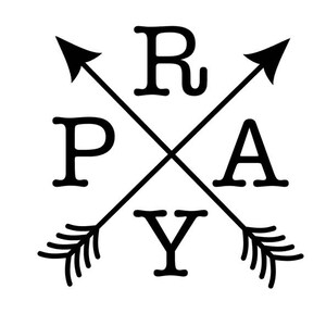 May include: Black and white graphic design with the word "pray" written in a stylized font with arrows pointing in opposite directions.