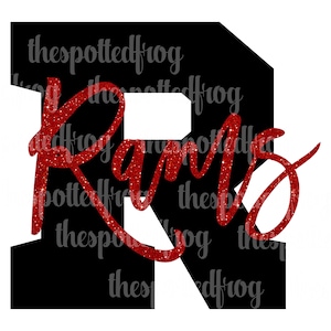 May include: A black and white graphic of a capital letter "R" with the word "Rams" written in red glitter font.