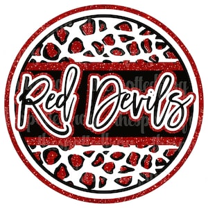 May include: Red Devils text in black with a red glitter background. The background is a leopard print pattern with red and white spots.