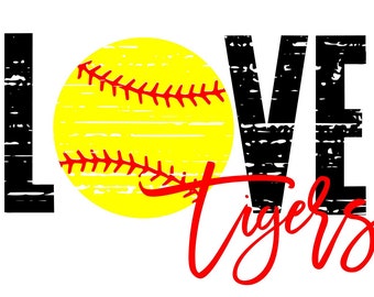 May include: Black and white distressed graphic of the word "LOVE" with a yellow softball in the center and the word "Tigers" in red cursive script.