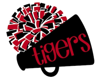 Pode incluir: Pompom de líder de torcida preto e vermelho com um megafone preto que diz "Tigers" em letras vermelhas.