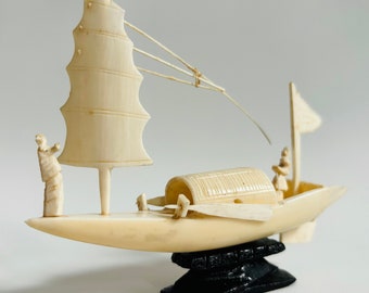 Beautiful Antique Chinese Ship Fisherman Miniature handheld Delightful Cream Tagua Nut Resin Set on Wood