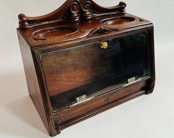 RARE 1920s Antique Cigar Smokers Cabinet Shop Display by Roger Aplin of Dublin Ireland Fabulous Condition/ Original Handle Stamp Scroll Top