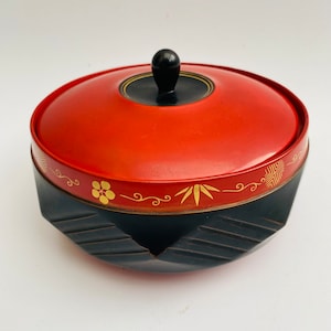 Collectable Vintage Japanese Wooden Lacquered Gold leaf unique Design Lid Pot in Red Black Japanese Motifs blossom floral geometric