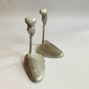 May include: Two silver shoe trees with a metal rod and a rounded top. The shoe trees are designed to help maintain the shape of shoes.