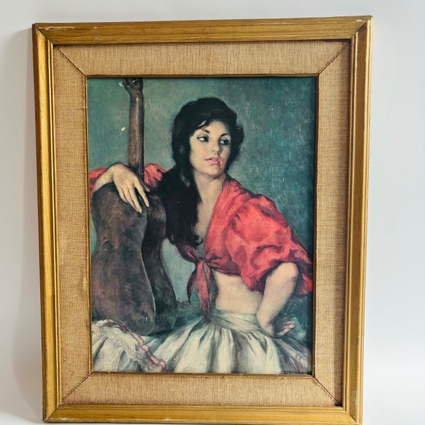 Original Spanish 1960s Mid Century Print by painter Francisco Ribera Gomez (1907-1990) signed- Romantic Scene Spanish Guitar player Lady
