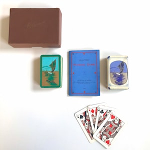 Juego de cartas de viaje vintage con temática de barco basura chino original, paquete doble en miniatura de 1933, completo con libro de juegos y paquete sellado sin abrir