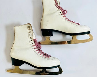 Original White Leather Ice Skates by MK Made in England Sheffield Steel - great Interior prop