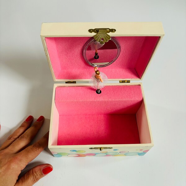 Boîte à bijoux musicale vintage des années 1970 Sanyo/ballerine dansante - avec des bulles d'ours couleurs pastel Miroir/jolie/charmant/romantique