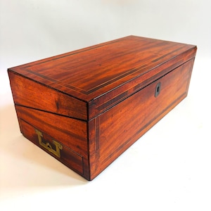 Antique Victorian Mahogany Writing Slope Box: Inkwells & Secret Compartment