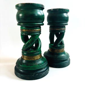 Pair of Antique Mahogany Torchere Candle Holders: Green & Gold Twist Design