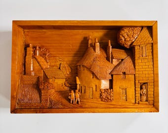 Antique Hand Carved Cherry Wood Village Relief: Medieval Folk Art