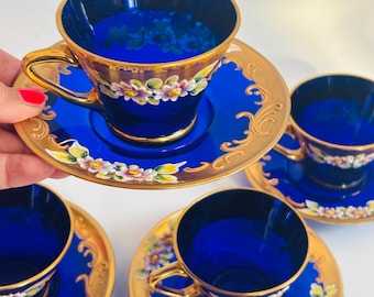 Vintage Venetian Italian Murano Cobalt Blue Glass Tea Cups