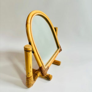Vintage 1970s Mid century Swivel tabletop  Large Bamboo Rattan Mirror w/ lovely glass mirror Great Interior Design Piece Summer Emmanuelle