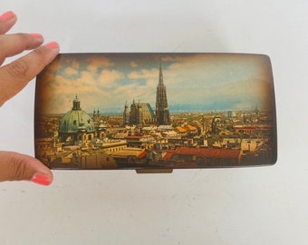 Collectable Swiss Reuge Charming Vintage Stamped Musical Jewellery Box 1950s Vienna City of my Dreams picture city Mid Century Design
