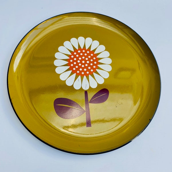 Japanese Mid Century Round Takahashi Tray with Flower Melamine SunFlower Design Vibrant colours Stamped 1960s Bar Party Cocktail