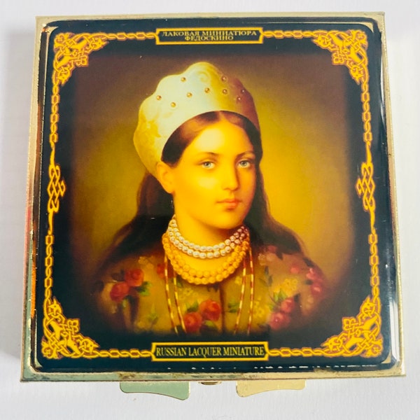 Antique Russian Miniature Folding Mirror Compact in Brass Lacquer Face Bust Handheld Russian Regal Lady - Lovely Gift Dressing Table