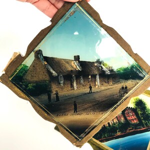 Pair of Antique Reverse Glass Paintings: Burns Cottage & Alloway Church, Scotland