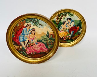 Pair of Vintage Victorian needlepoint romantic pictures couple wedding floral countryside bright colours 1950s Mid century folk tapestry