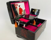 Rare Vintage Japanese 1950s Lacquer Musical box with compartments Hand Painted Mirror Kimono Lady Umbrella Inside- replacement key missing
