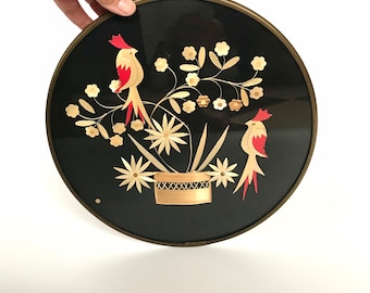 Vintage 1980s Ukraine Glass Round Picture Brass Frame featuring Love Birds