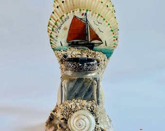 Antique French Glass Inkwell in Triple Clam Shell & Seashell/Love Souvenir/La Boutiers / 1920s Folk Art Naive Collectable Unique